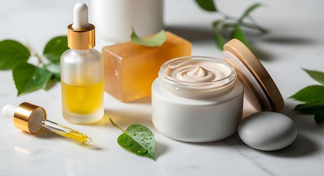 Skincare serum, cream and beauty products in an editorial arrangement